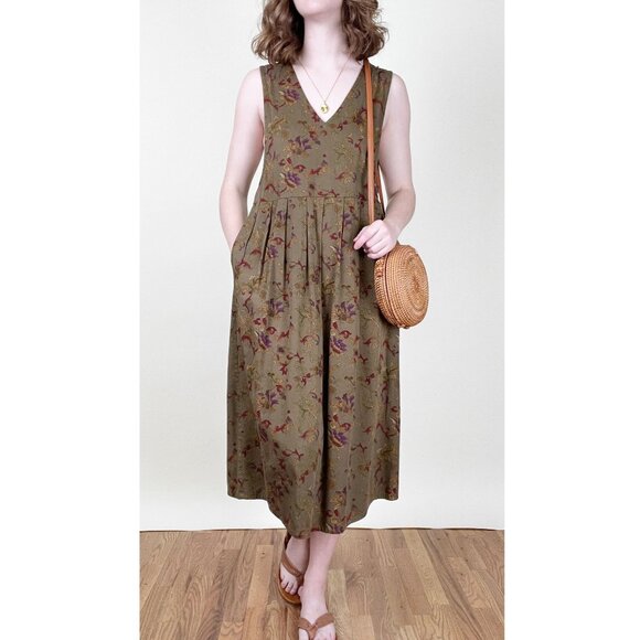 Vintage Floral Pinafore Midi Maxi Dress Pleated Relaxed Fit Whimsigoth Rustic - Picture 5 of 8